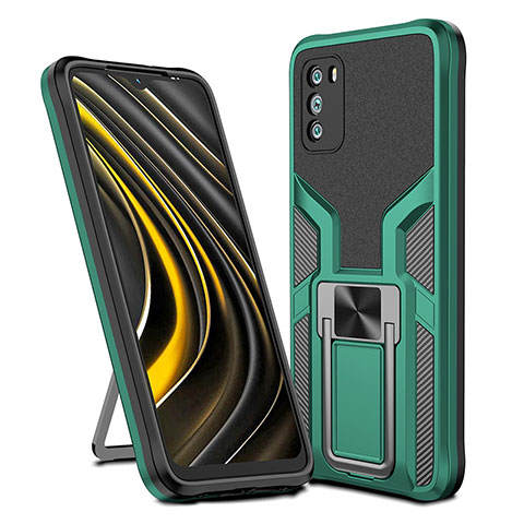 Custodia Silicone e Plastica Opaca Cover con Magnetico Anello Supporto ZL1 per Xiaomi Poco M3 Verde