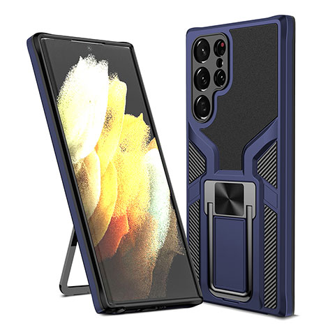 Custodia Silicone e Plastica Opaca Cover con Magnetico Supporto A05 per Samsung Galaxy S21 Ultra 5G Blu
