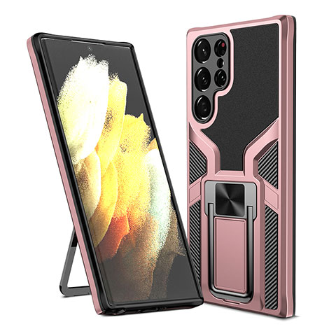 Custodia Silicone e Plastica Opaca Cover con Magnetico Supporto A05 per Samsung Galaxy S22 Ultra 5G Oro Rosa