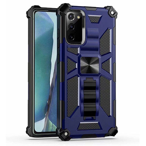 Custodia Silicone e Plastica Opaca Cover con Magnetico Supporto H01 per Samsung Galaxy Note 20 5G Blu
