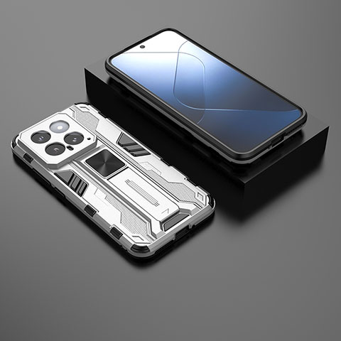 Custodia Silicone e Plastica Opaca Cover con Magnetico Supporto KC1 per Xiaomi Mi 14 Pro 5G Argento