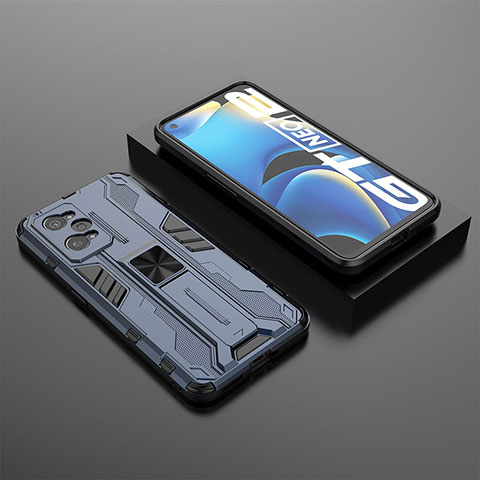 Custodia Silicone e Plastica Opaca Cover con Magnetico Supporto KC2 per Realme GT Neo 3T 5G Blu