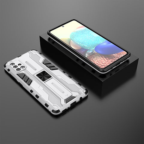 Custodia Silicone e Plastica Opaca Cover con Magnetico Supporto KC2 per Samsung Galaxy A71 4G A715 Bianco