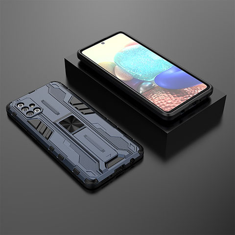Custodia Silicone e Plastica Opaca Cover con Magnetico Supporto KC2 per Samsung Galaxy A71 4G A715 Blu