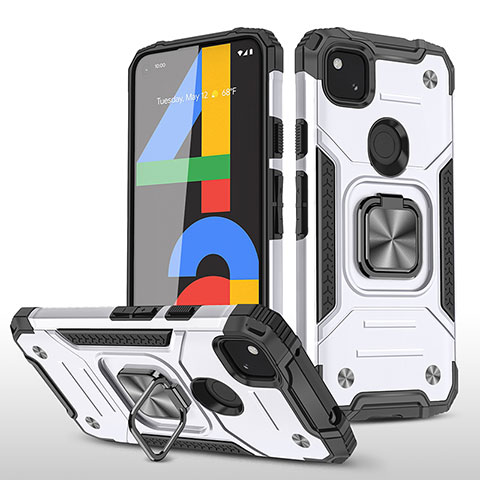Custodia Silicone e Plastica Opaca Cover con Magnetico Supporto MQ1 per Google Pixel 4a Bianco