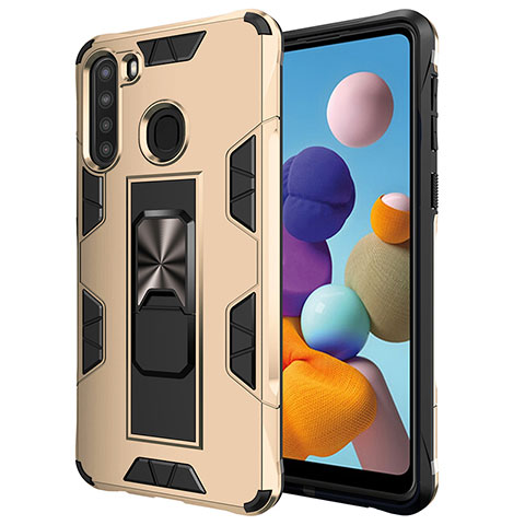 Custodia Silicone e Plastica Opaca Cover con Magnetico Supporto MQ1 per Samsung Galaxy A21 Oro