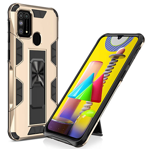 Custodia Silicone e Plastica Opaca Cover con Magnetico Supporto MQ1 per Samsung Galaxy M21s Oro