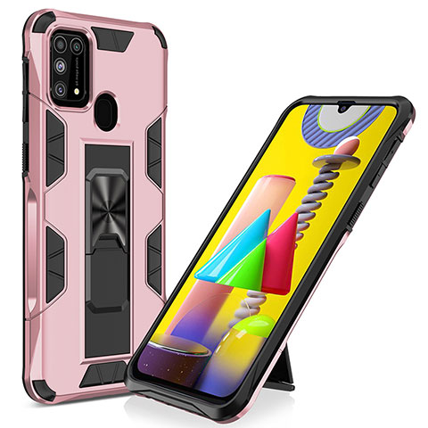 Custodia Silicone e Plastica Opaca Cover con Magnetico Supporto MQ1 per Samsung Galaxy M21s Oro Rosa