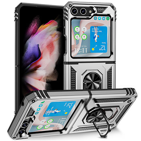 Custodia Silicone e Plastica Opaca Cover con Magnetico Supporto MQ2 per Samsung Galaxy Z Flip5 5G Argento