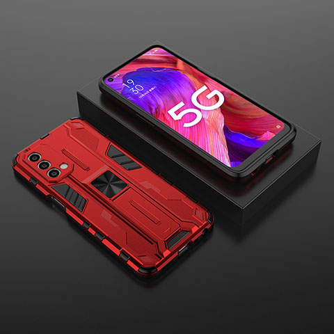 Custodia Silicone e Plastica Opaca Cover con Magnetico Supporto T02 per OnePlus Nord N200 5G Rosso