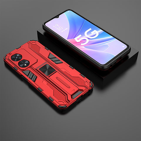 Custodia Silicone e Plastica Opaca Cover con Magnetico Supporto T02 per Oppo A58 5G Rosso