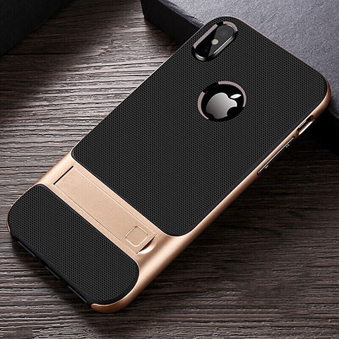 Custodia Silicone e Plastica Opaca Cover con Supporto A01 per Apple iPhone Xs Oro