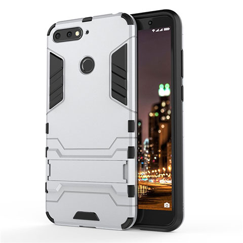 Custodia Silicone e Plastica Opaca Cover con Supporto A01 per Huawei Enjoy 8e Argento