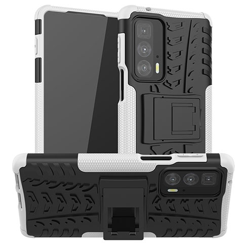 Custodia Silicone e Plastica Opaca Cover con Supporto A01 per Motorola Moto Edge 20 Pro 5G Bianco