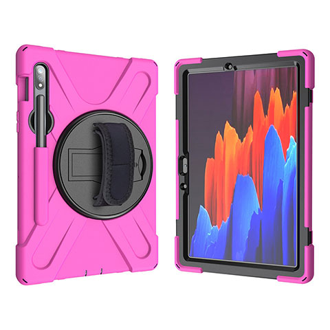 Custodia Silicone e Plastica Opaca Cover con Supporto A01 per Samsung Galaxy Tab S7 11 Wi-Fi SM-T870 Rosa Caldo