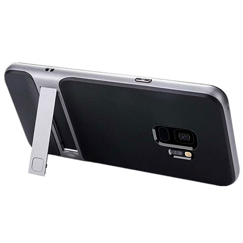 Custodia Silicone e Plastica Opaca Cover con Supporto A02 per Samsung Galaxy S9 Argento