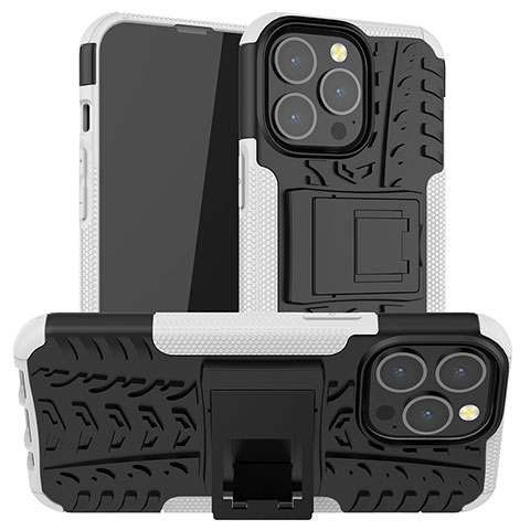 Custodia Silicone e Plastica Opaca Cover con Supporto A07 per Apple iPhone 13 Pro Max Bianco