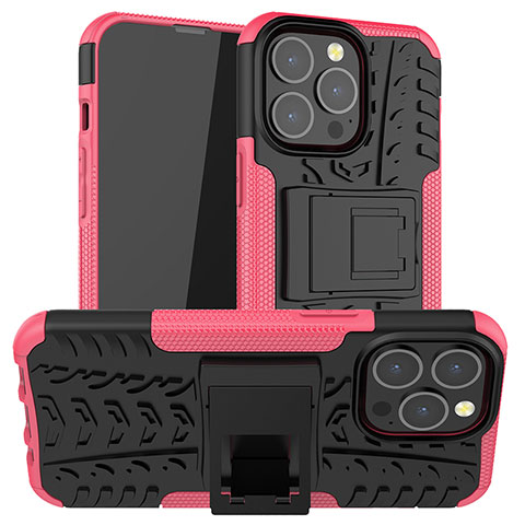 Custodia Silicone e Plastica Opaca Cover con Supporto A07 per Apple iPhone 13 Pro Max Rosa Caldo