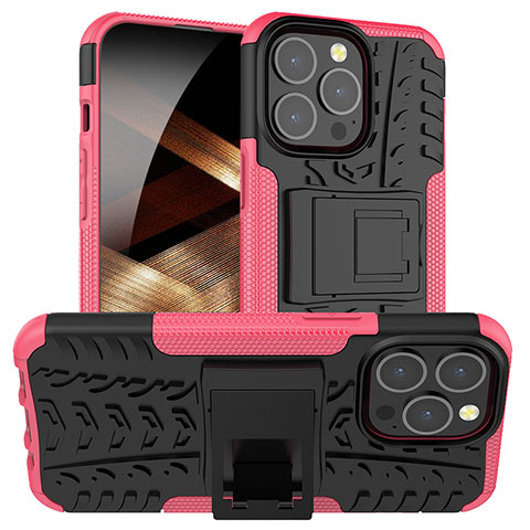 Custodia Silicone e Plastica Opaca Cover con Supporto A07 per Apple iPhone 14 Pro Max Rosa Caldo