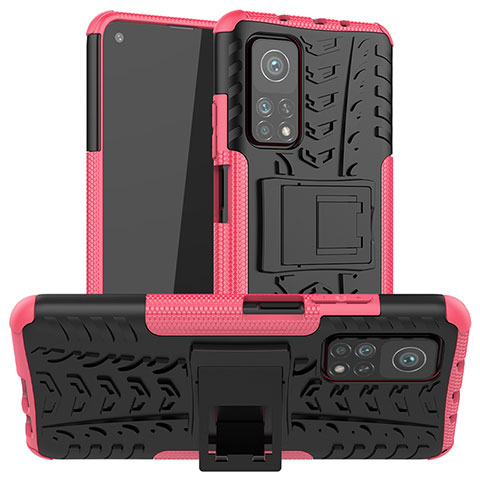 Custodia Silicone e Plastica Opaca Cover con Supporto JX1 per Xiaomi Mi 10T 5G Rosa Caldo