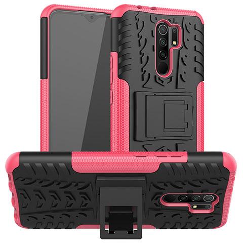 Custodia Silicone e Plastica Opaca Cover con Supporto JX1 per Xiaomi Redmi 9 Prime India Rosa Caldo