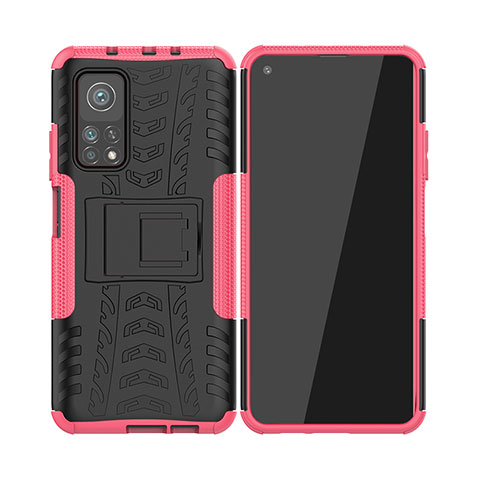 Custodia Silicone e Plastica Opaca Cover con Supporto JX2 per Xiaomi Mi 10T Pro 5G Rosa Caldo