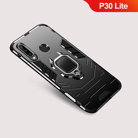 Custodia Silicone e Plastica Opaca Cover con Supporto per Huawei P30 Lite New Edition Nero