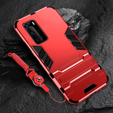Custodia Silicone e Plastica Opaca Cover con Supporto per Huawei P40 Pro Rosso