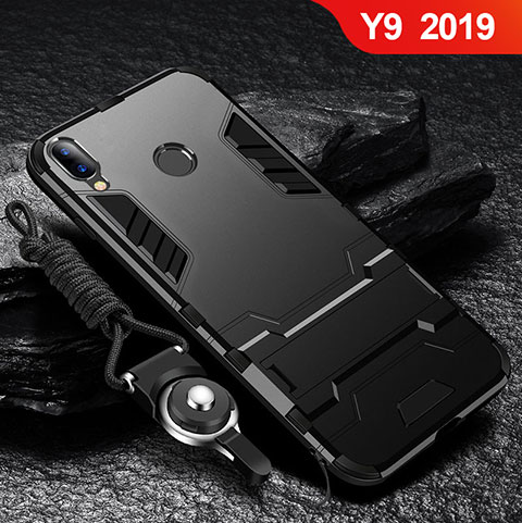 Custodia Silicone e Plastica Opaca Cover con Supporto per Huawei Y9 (2019) Nero