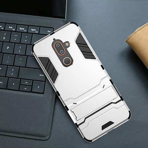 Custodia Silicone e Plastica Opaca Cover con Supporto per Nokia 7 Plus Bianco