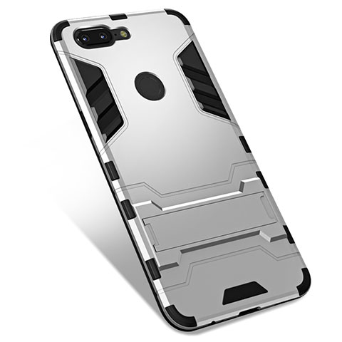 Custodia Silicone e Plastica Opaca Cover con Supporto per OnePlus 5T A5010 Argento