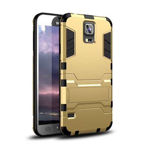 Custodia Silicone e Plastica Opaca Cover con Supporto per Samsung Galaxy S5 Duos Plus Oro