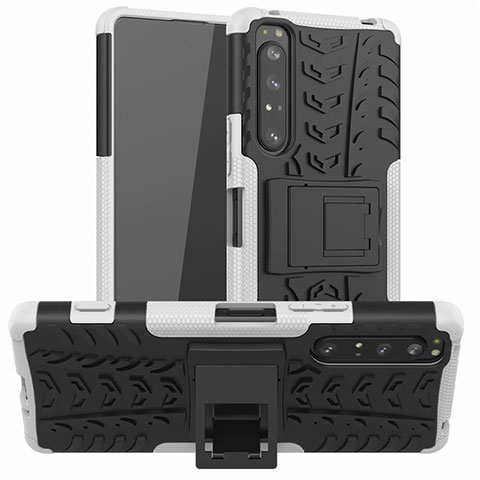 Custodia Silicone e Plastica Opaca Cover con Supporto per Sony Xperia 1 II Bianco