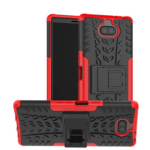 Custodia Silicone e Plastica Opaca Cover con Supporto per Sony Xperia 10 Plus Rosso