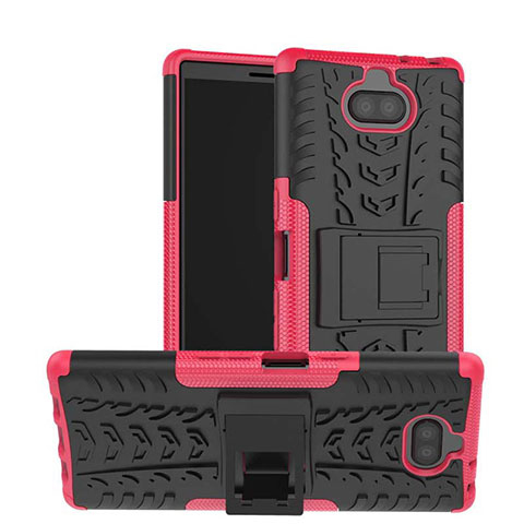 Custodia Silicone e Plastica Opaca Cover con Supporto per Sony Xperia 10 Rosa Caldo
