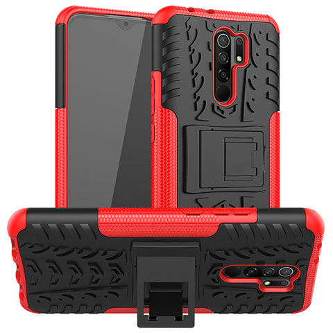 Custodia Silicone e Plastica Opaca Cover con Supporto per Xiaomi Redmi 9 Prime India Rosso