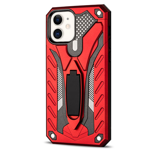Custodia Silicone e Plastica Opaca Cover con Supporto R01 per Apple iPhone 12 Mini Rosso