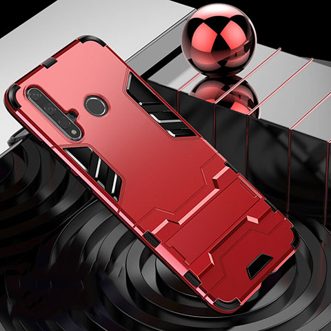 Custodia Silicone e Plastica Opaca Cover con Supporto R01 per Huawei Nova 5i Rosso