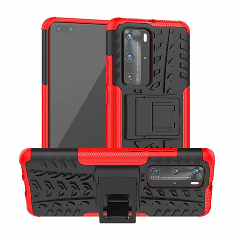 Custodia Silicone e Plastica Opaca Cover con Supporto R01 per Huawei P40 Pro Rosso