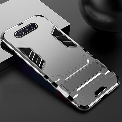 Custodia Silicone e Plastica Opaca Cover con Supporto R01 per Samsung Galaxy A80 Argento