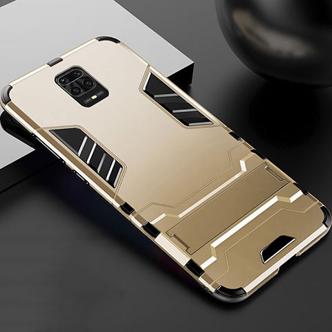 Custodia Silicone e Plastica Opaca Cover con Supporto R01 per Xiaomi Redmi Note 9 Pro Max Oro