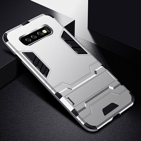 Custodia Silicone e Plastica Opaca Cover con Supporto R02 per Samsung Galaxy S10 Plus Argento