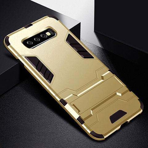Custodia Silicone e Plastica Opaca Cover con Supporto R02 per Samsung Galaxy S10 Plus Oro