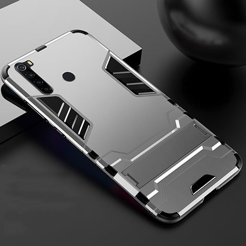 Custodia Silicone e Plastica Opaca Cover con Supporto R02 per Xiaomi Redmi Note 8 Argento