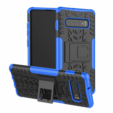 Custodia Silicone e Plastica Opaca Cover con Supporto R03 per Samsung Galaxy S10 Plus Blu