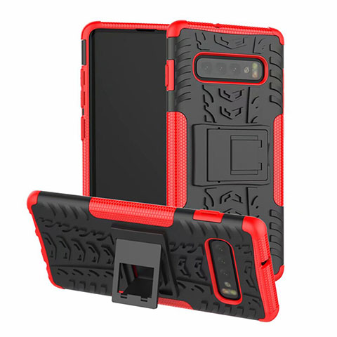 Custodia Silicone e Plastica Opaca Cover con Supporto R03 per Samsung Galaxy S10 Rosso