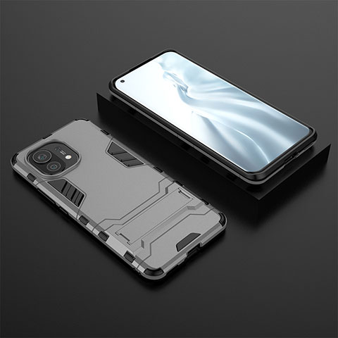 Custodia Silicone e Plastica Opaca Cover con Supporto R03 per Xiaomi Mi 11 Lite 5G Grigio