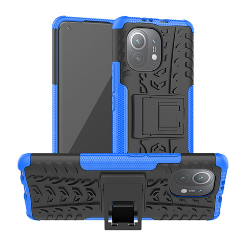 Custodia Silicone e Plastica Opaca Cover con Supporto R06 per Xiaomi Mi 11 5G Blu