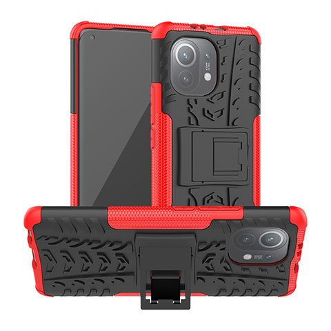 Custodia Silicone e Plastica Opaca Cover con Supporto R06 per Xiaomi Mi 11 5G Rosso