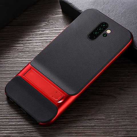 Custodia Silicone e Plastica Opaca Cover con Supporto R06 per Xiaomi Redmi Note 8 Pro Rosso